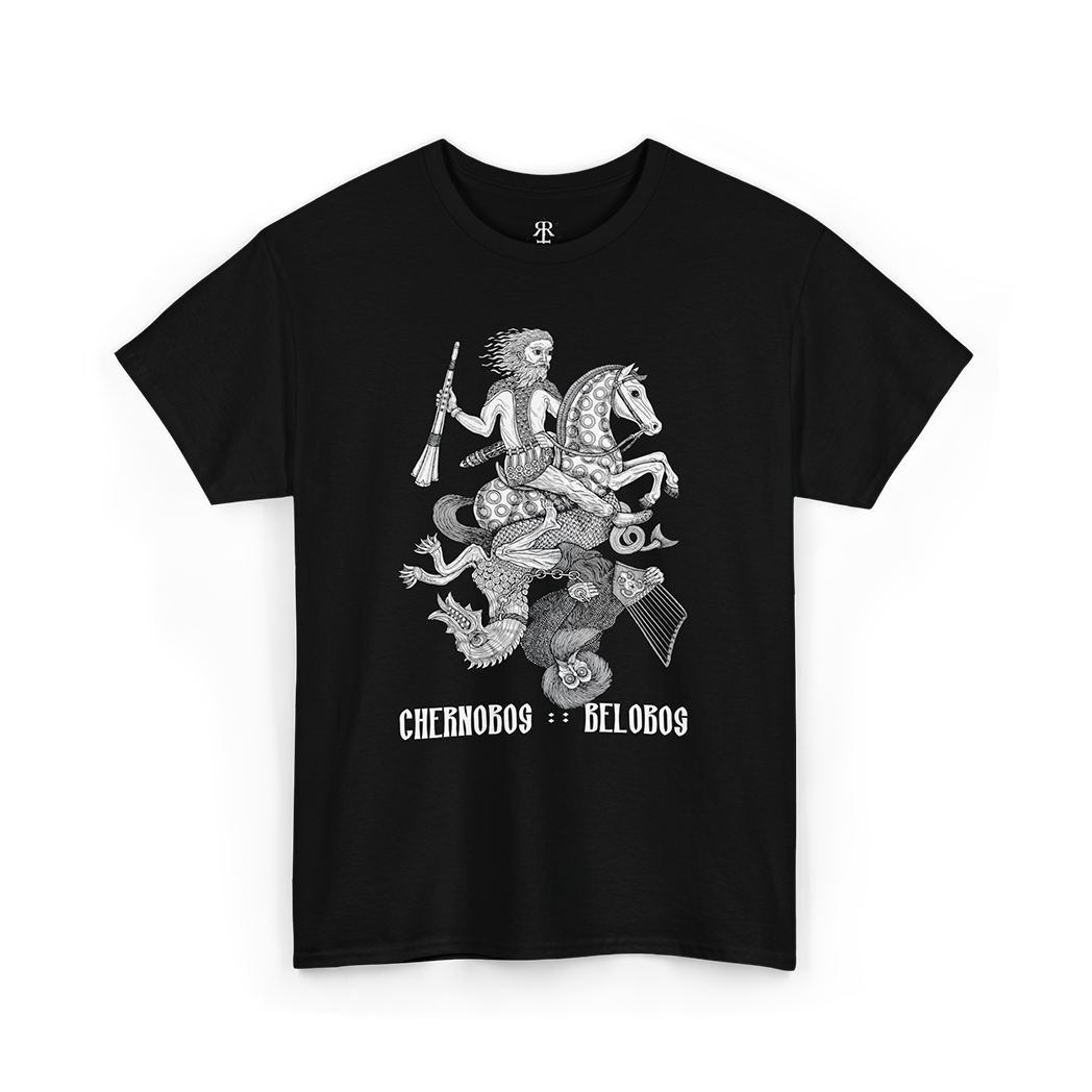 Black t-shirt with a graphic print of Chernobog