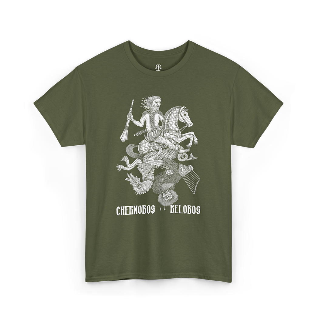 Olive Green t-shirt with a graphic print of Chernobog
