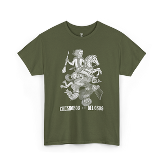 Olive Green t-shirt with a graphic print of Chernobog