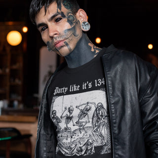 Tattooed man wearing black Party Like it's 1349 T-Shirt