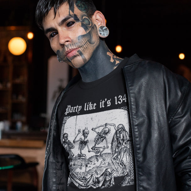Tattooed man wearing black Party Like it's 1349 T-Shirt