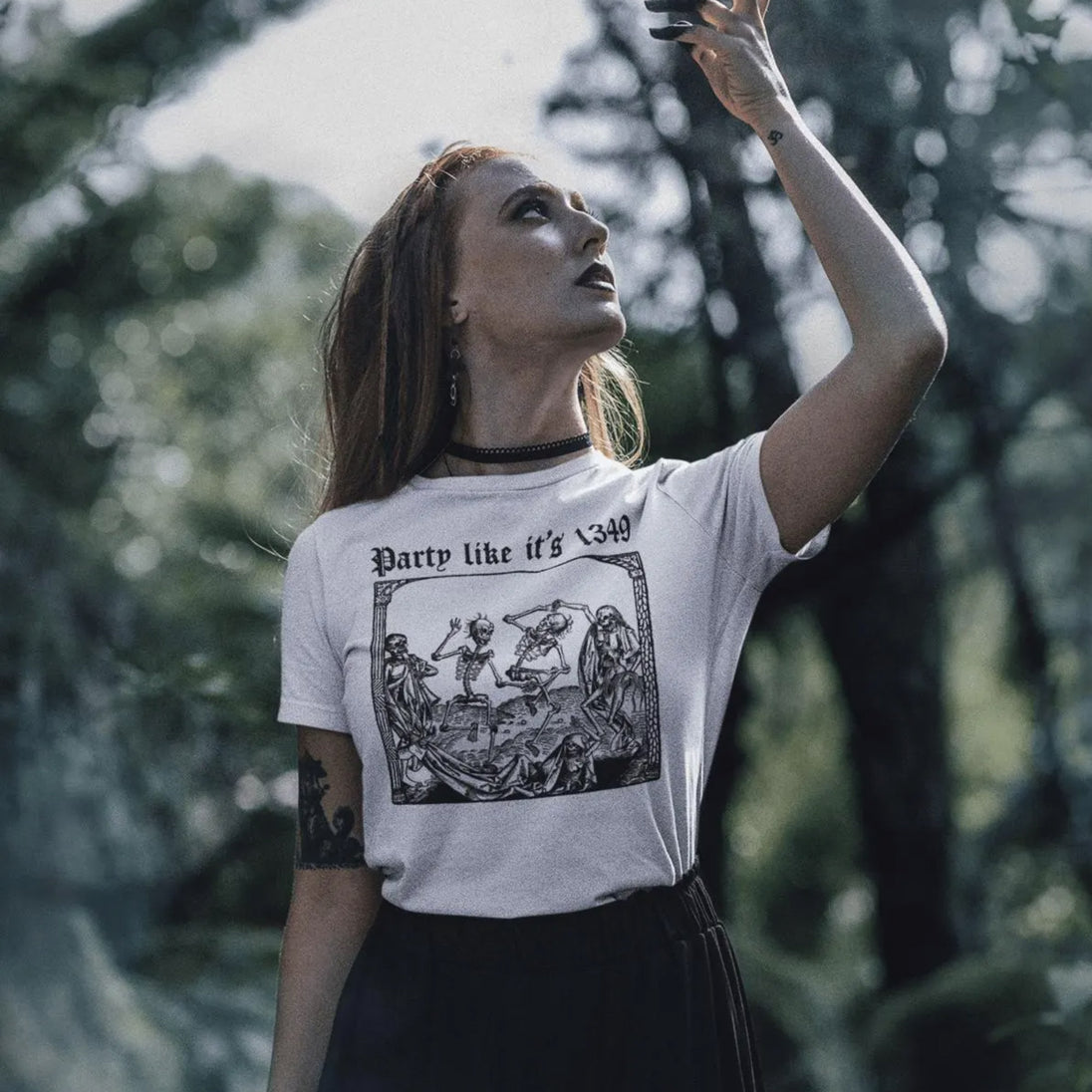 Woman wearing white Party Like it's 1349 T-Shirt