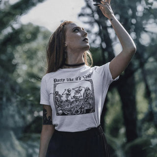 Woman wearing white Party Like it's 1349 T-Shirt