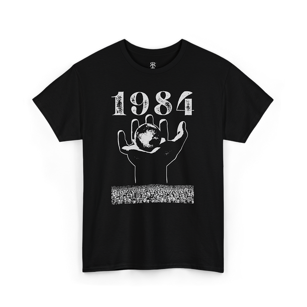 Black t-shirt with '1984' and a graphic of a hand holding a globe printed on the front.