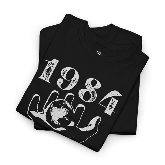 Black t-shirt with '1984' and a graphic of a hand holding a globe printed on the front.