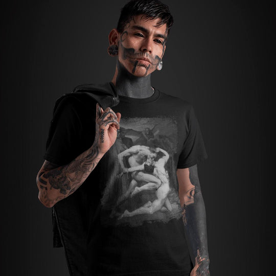 Tattooed man wearing Dante and Virgil T-Shirt