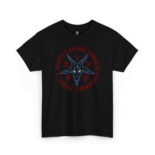 A black vintage t-shirt with a pentagram graphic design in red and blue