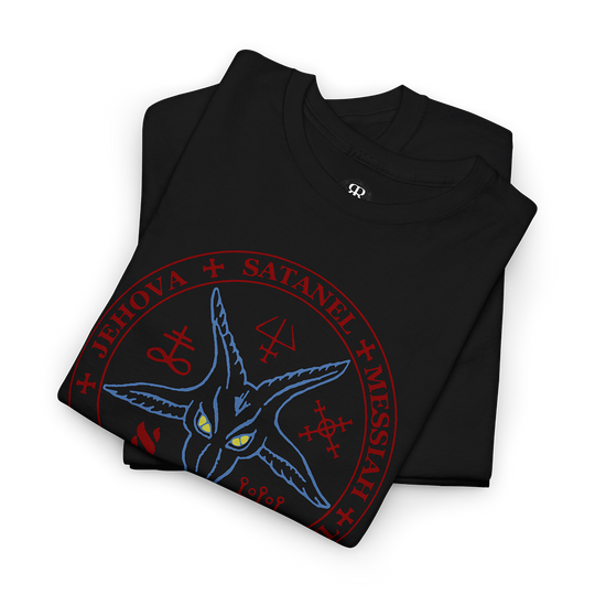 A black vintage t-shirt with a pentagram graphic design in red and blue