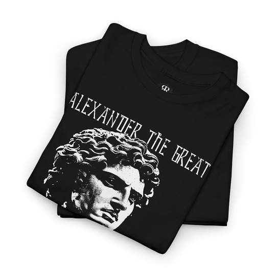 Black t-shirt with a graphic of Alexander the Great