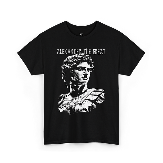 Black t-shirt with a graphic of Alexander the Great