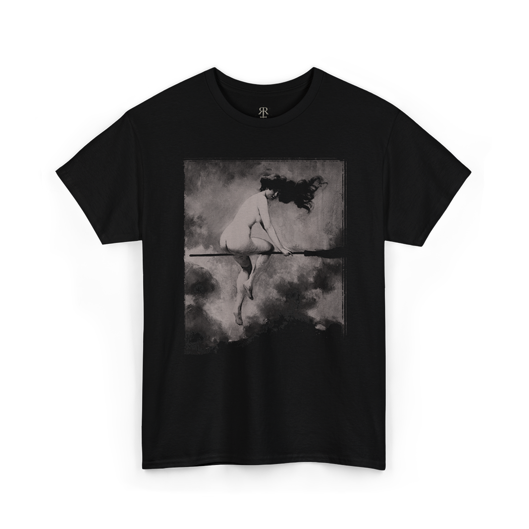 Black t-shirt of a witch on her broom flying to sabbath