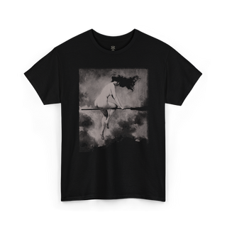 Black t-shirt of a witch on her broom flying to sabbath