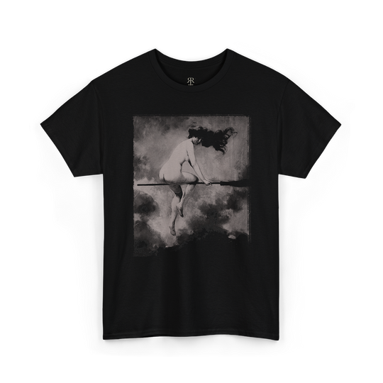 Black t-shirt of a witch on her broom flying to sabbath