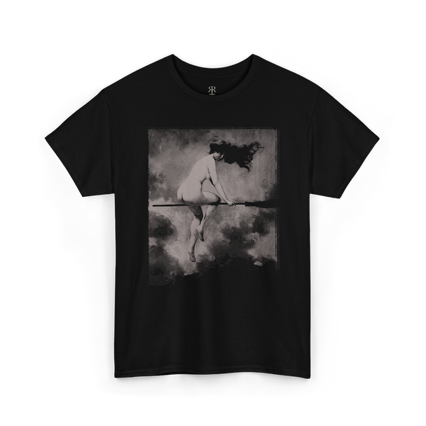 Black t-shirt of a witch on her broom flying to sabbath