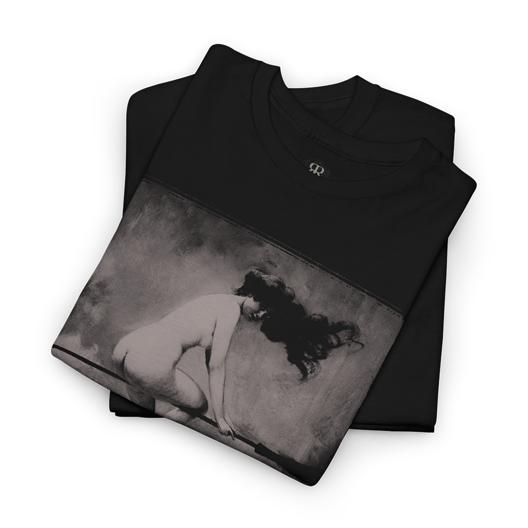 Black t-shirt of a witch on her broom flying to sabbath