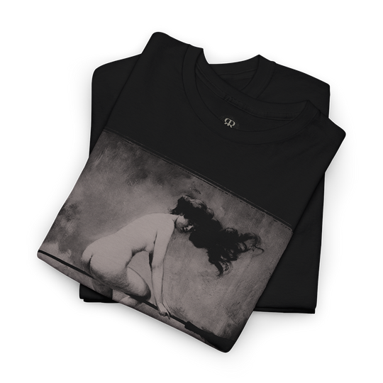 Black t-shirt of a witch on her broom flying to sabbath