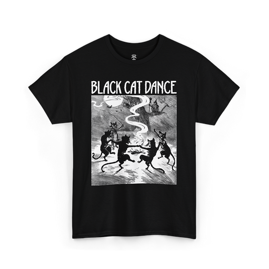 Black t-shirt with 'Black Cat Dance' graphic design on a white background