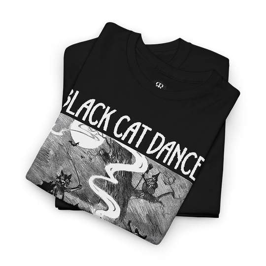 Black t-shirt with 'Black Cat Dance' graphic design on a white background