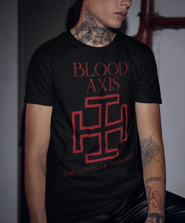 Tattooed man wearing Blood Axis The Gospel of Inhumanity T-Shirt