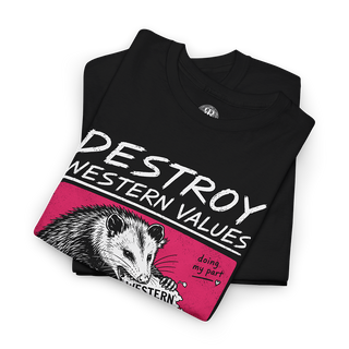 A folded black t-shirt with a graphic print featuring a black and white possum on a bright pink background, with white text reading 'DESTROY WESTERN VALUES' and smaller text 'doing my part'.