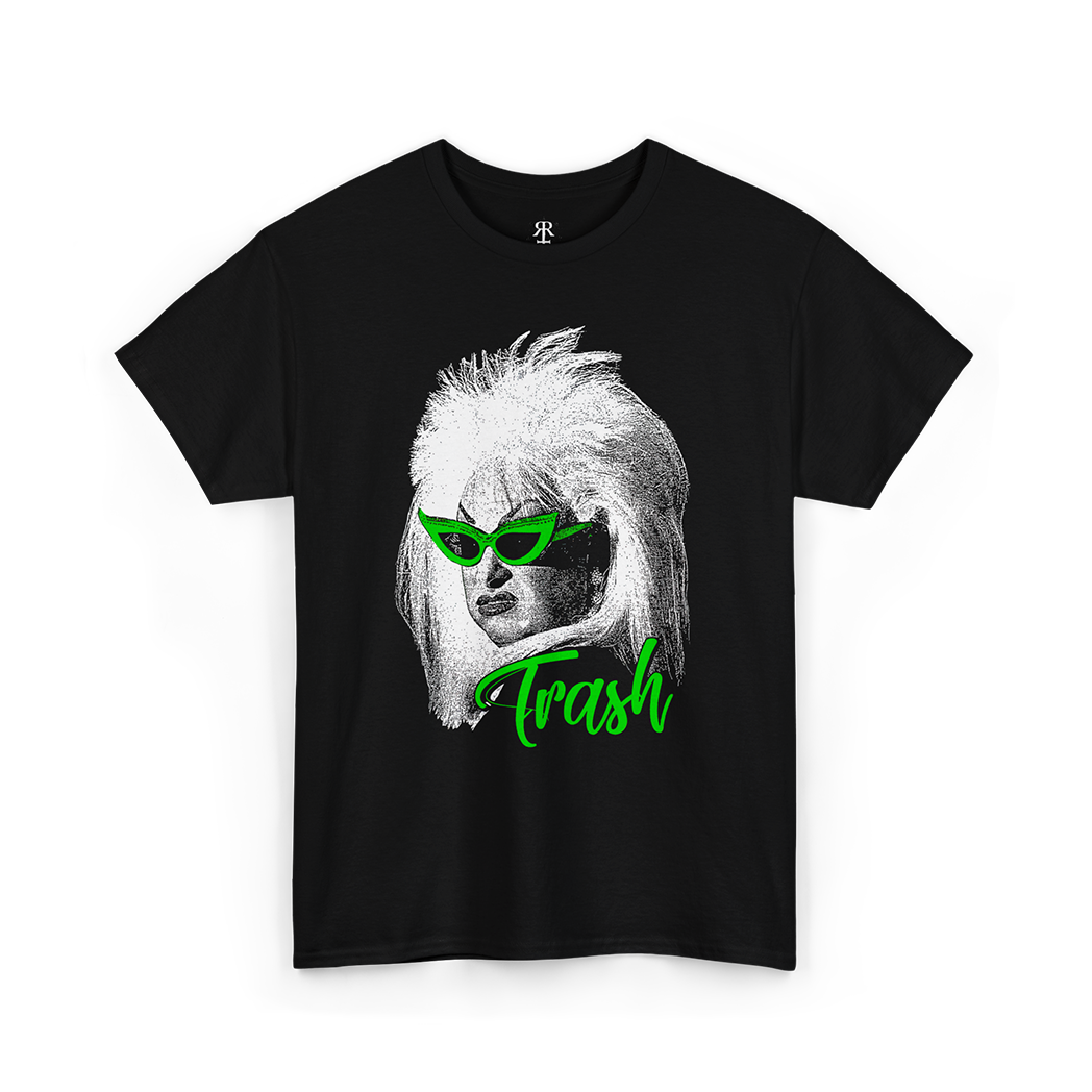 Black T-shirt showing Divine from John Waters movies, below written Trash in green