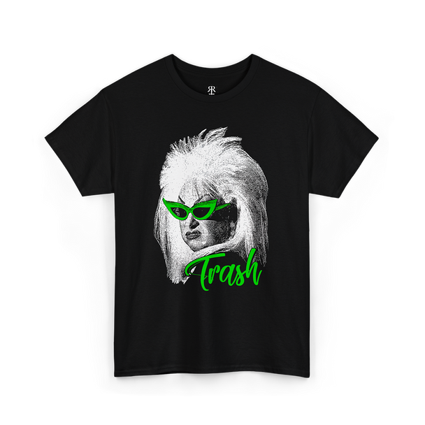 Black T-shirt showing Divine from John Waters movies, below written Trash in green
