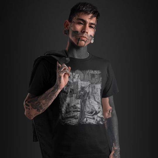 Tattooed man wearing Death the Strangler T-Shirt
