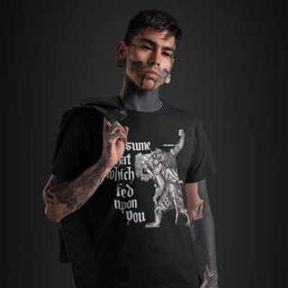 Tattooed man wearing Consume That Which Fed Upon You T-Shirt