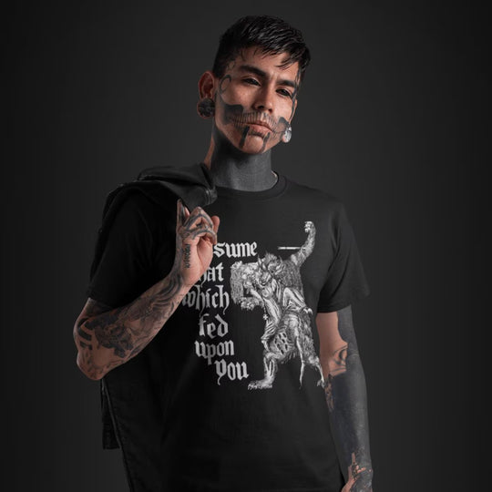 Tattooed man wearing Consume That Which Fed Upon You T-Shirt