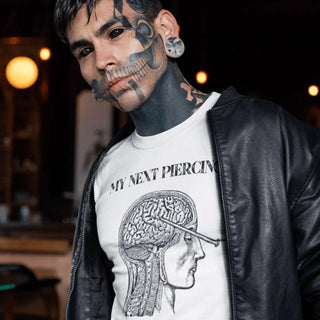 Tattoed man wearing white My Next Piercing T-Shirt