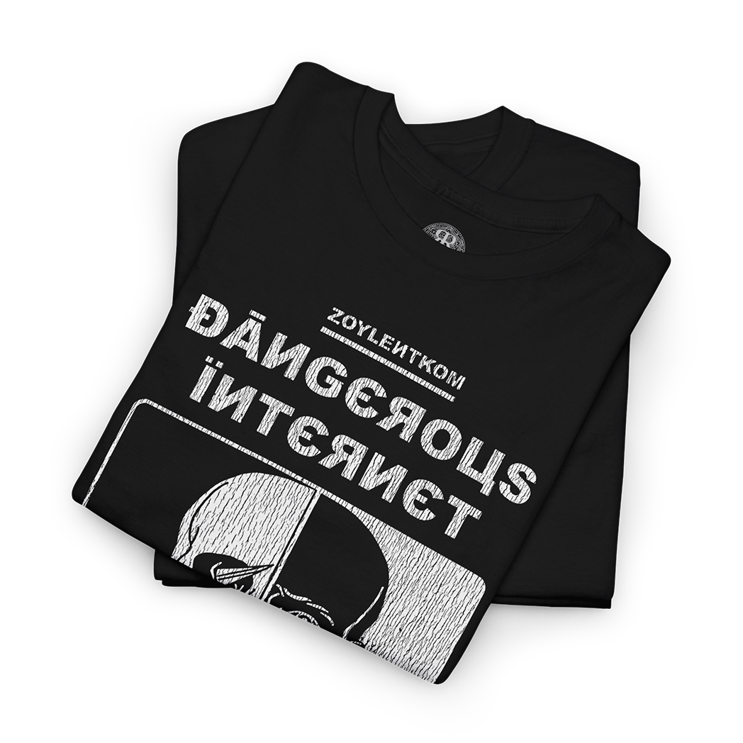 Folded black t-shirt Remake of 90's Rotten Dot Com 'Dangerous Internet' design