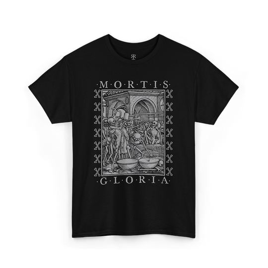 Black t-shirt with grey graphic design and 'MORTIS GLORIA' text on a white background