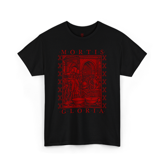 Black t-shirt with red graphic design and 'MORTIS GLORIA' text on a white background