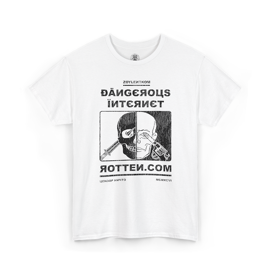 White t-shirt Remake of 90's Rotten Dot Com 'Dangerous Internet' design