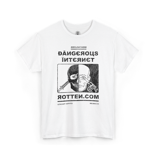 White t-shirt Remake of 90's Rotten Dot Com 'Dangerous Internet' design