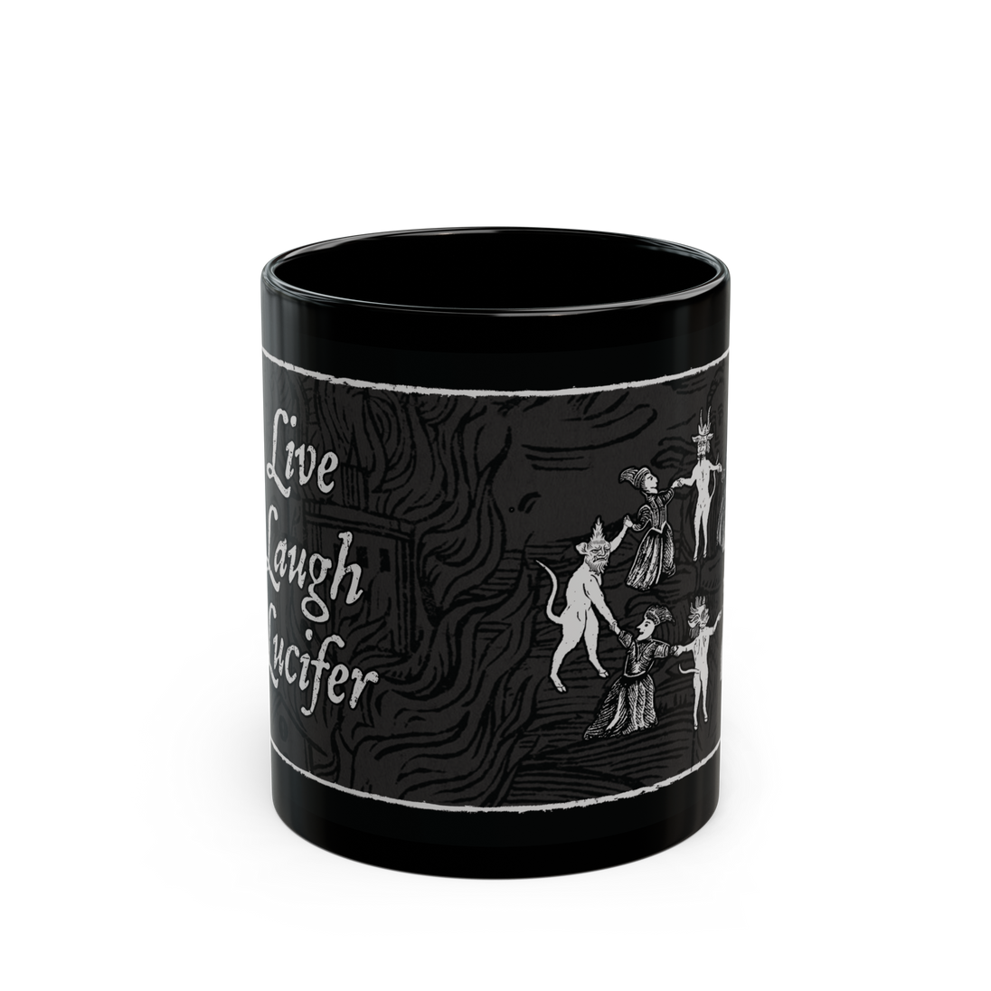 Live Laugh Lucifer' black ceramic mug, 11 oz, occult design, microwave and dishwasher safe
