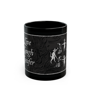 Live Laugh Lucifer' black ceramic mug, 11 oz, occult design, microwave and dishwasher safe