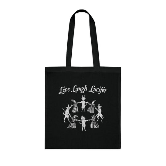 Live Laugh Lucifer' tote bag, 100% cotton, 15" x 16", heavy fabric, black with occult design