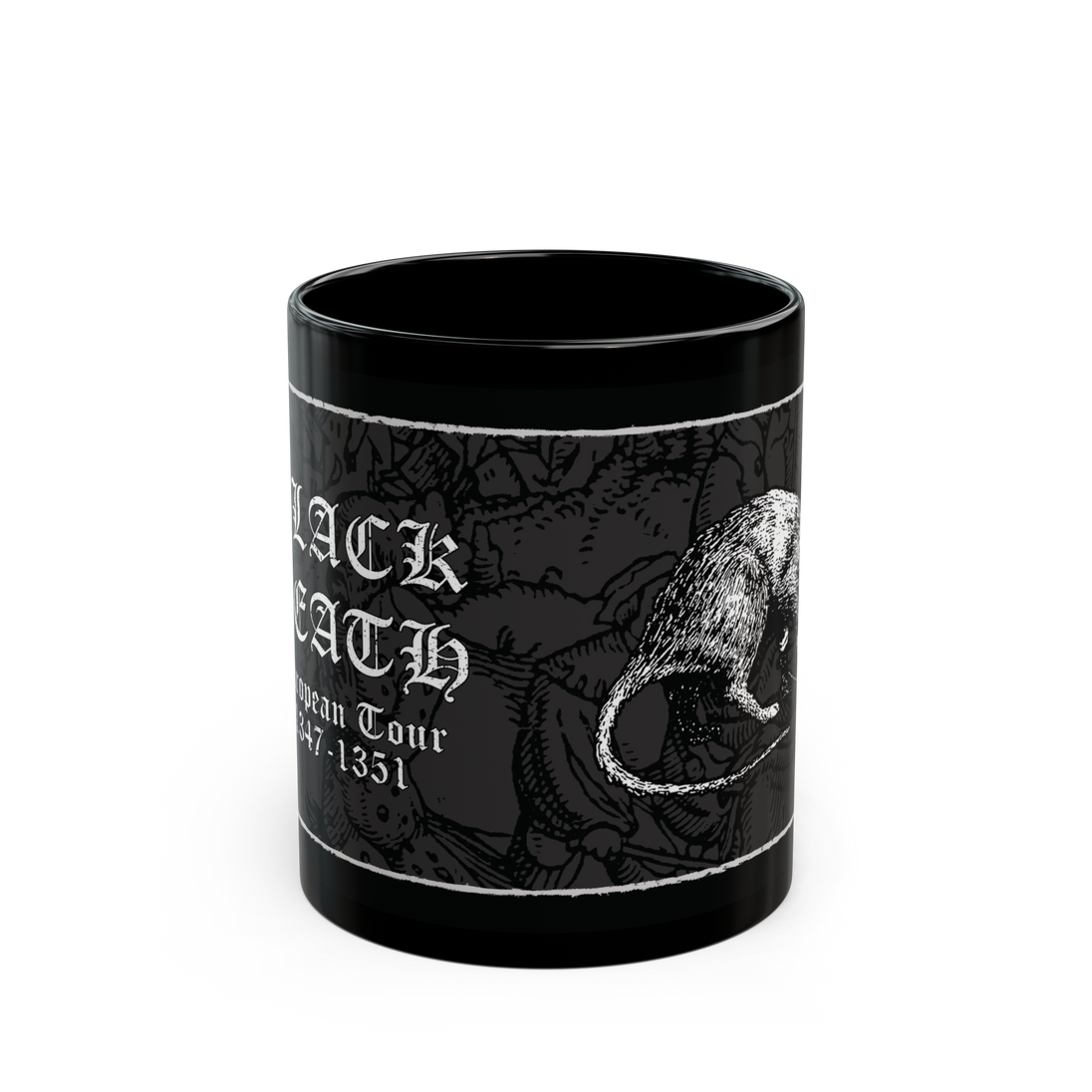 Black Death European Tour' black ceramic mug, 11 oz, gothic design, microwave and dishwasher safe