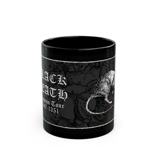 Black Death European Tour' black ceramic mug, 11 oz, gothic design, microwave and dishwasher safe