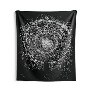 A wall tapestry featuring an original engraving of The Divine Comedy's Empyrean, illustrated by Gustave Doré, depicting a mystical and cosmic scene with figures and a central design.