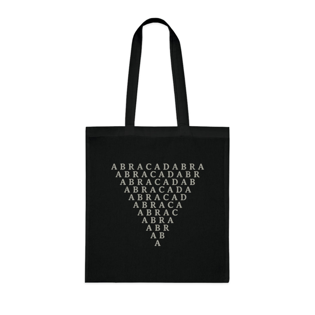 Black tote bag with symbol of Abracadabra inverted triangle