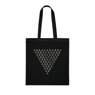 Black tote bag with symbol of Abracadabra inverted triangle