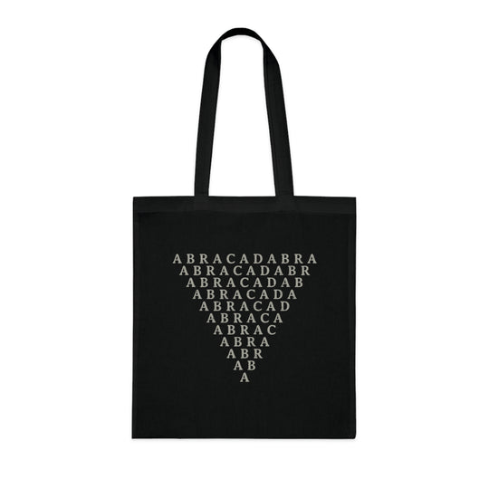 Black tote bag with symbol of Abracadabra inverted triangle