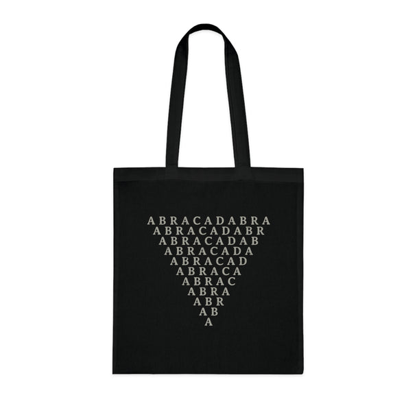 Black tote bag with symbol of Abracadabra inverted triangle