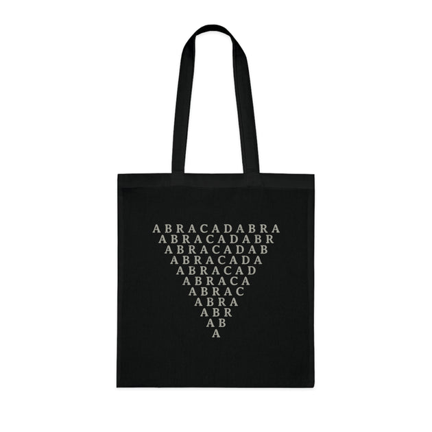 Black tote bag with symbol of Abracadabra inverted triangle