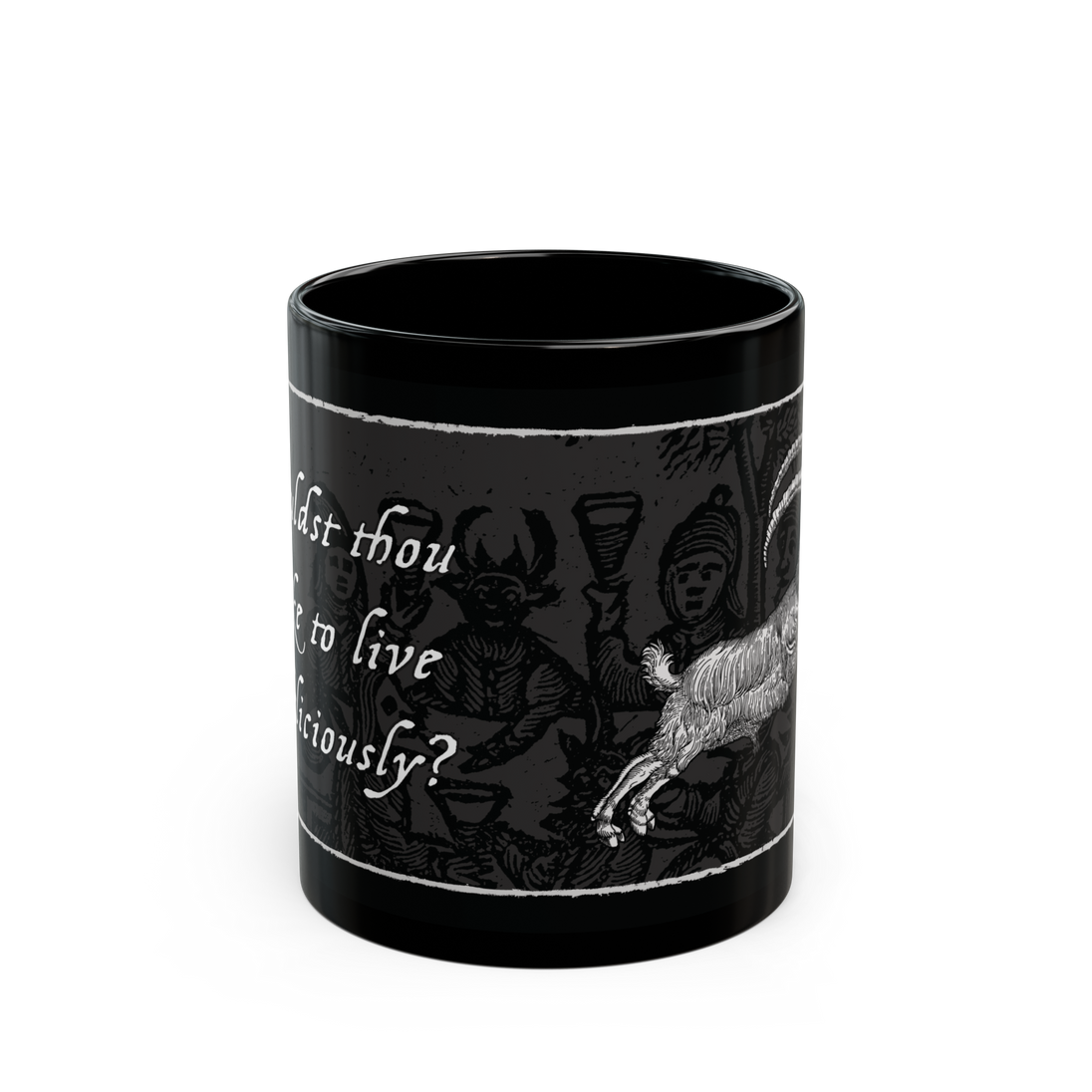 Live Deliciously' black ceramic mug, 11 oz, featuring Black Phillip from 'The VVitch', microwave and dishwasher safe