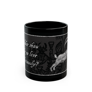 Live Deliciously' black ceramic mug, 11 oz, featuring Black Phillip from 'The VVitch', microwave and dishwasher safe