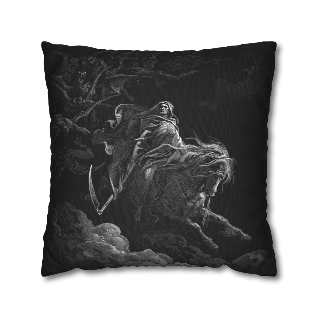 Gustave Doré 'Death on the Pale Horse' pillowcase, 100% spun polyester, double-sided print, concealed zipper, 4 size options