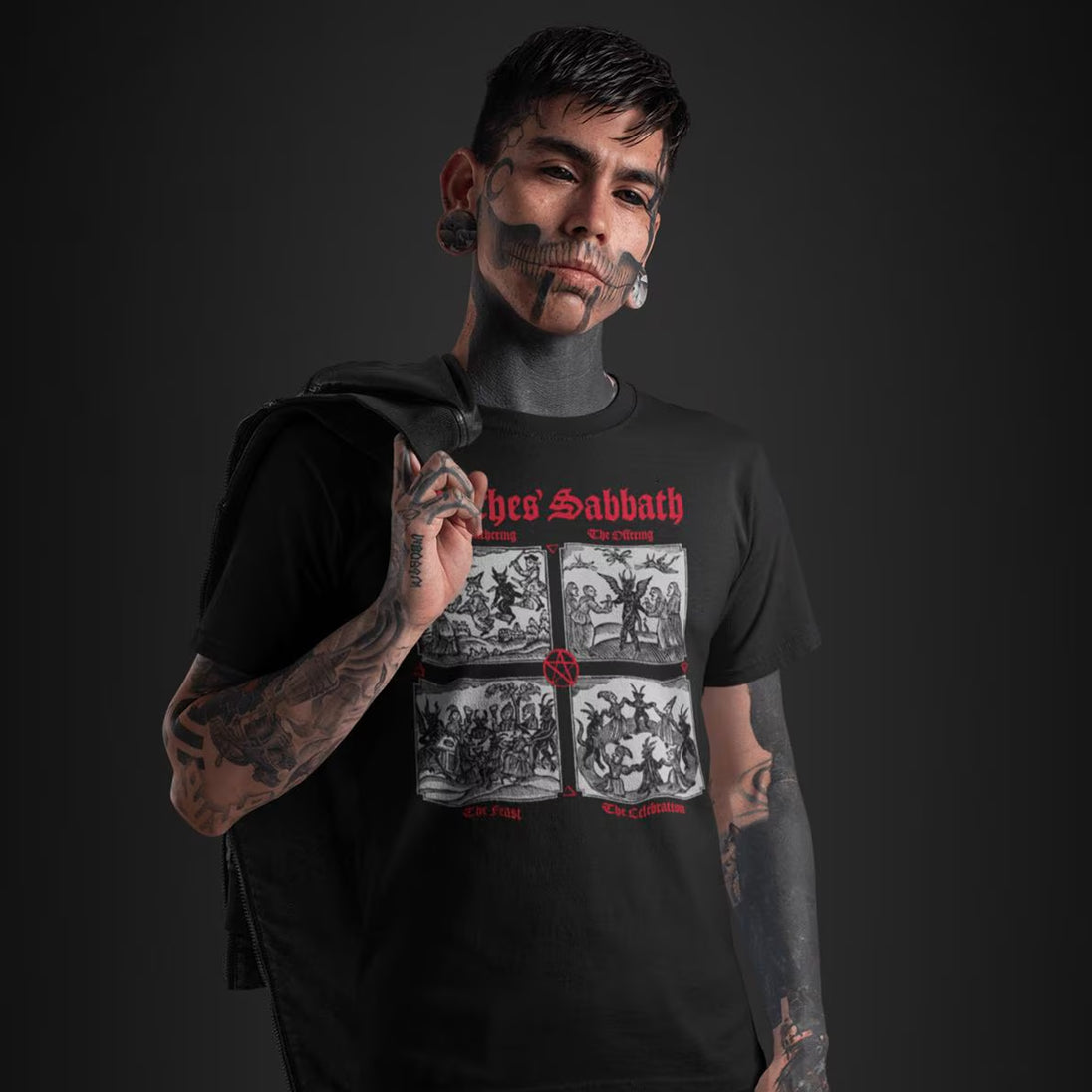 Tattooed man wearing black Medieval Woodcut The Witches' Sabbath T-Shirt